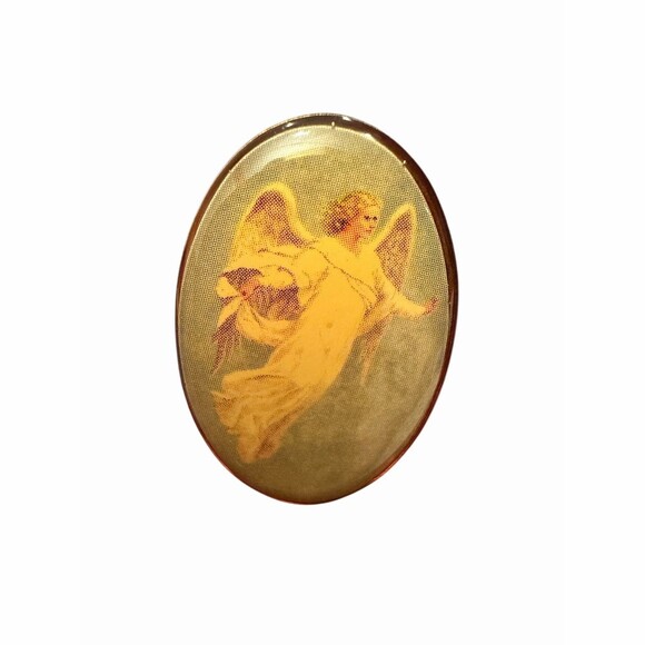 Unknown Accessories - Vintage Oval Guardian Angel Cherub Cameo Style Lapel Pin Tie Tack Gold Tone